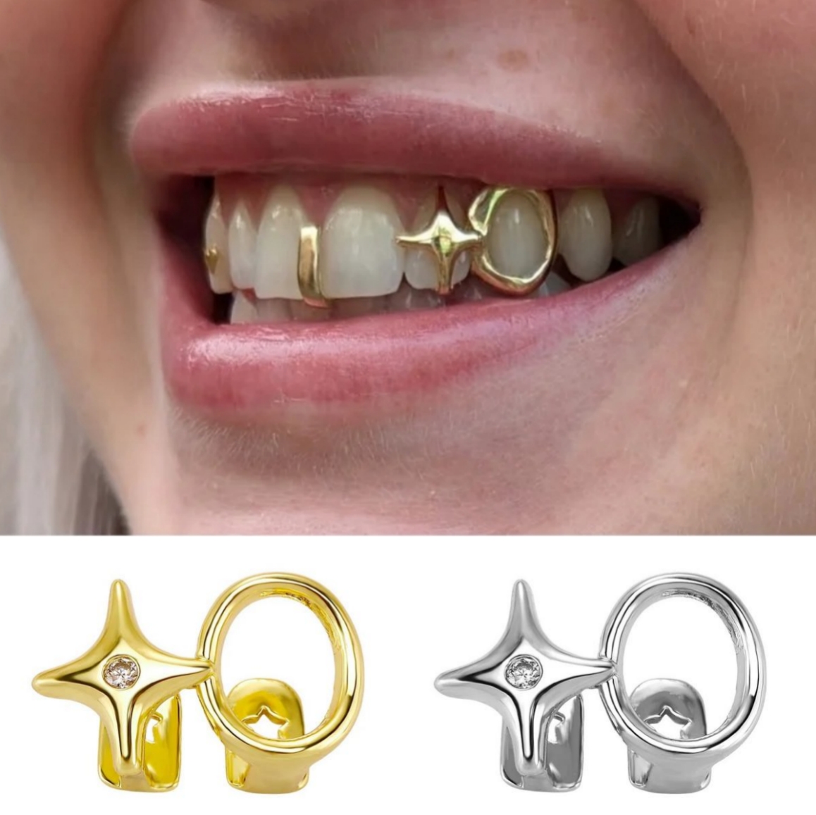Women'S Y2K Accessories - กริลล์ซ์ฟันแบบวงกลมคู่เคลือบเงา Y2K พร้อมลายดาว สำหรับผู้ชายและผู้หญิง สวมใส่ได้ทุกวัน เป็นเครื่องประดับแฟชั่น